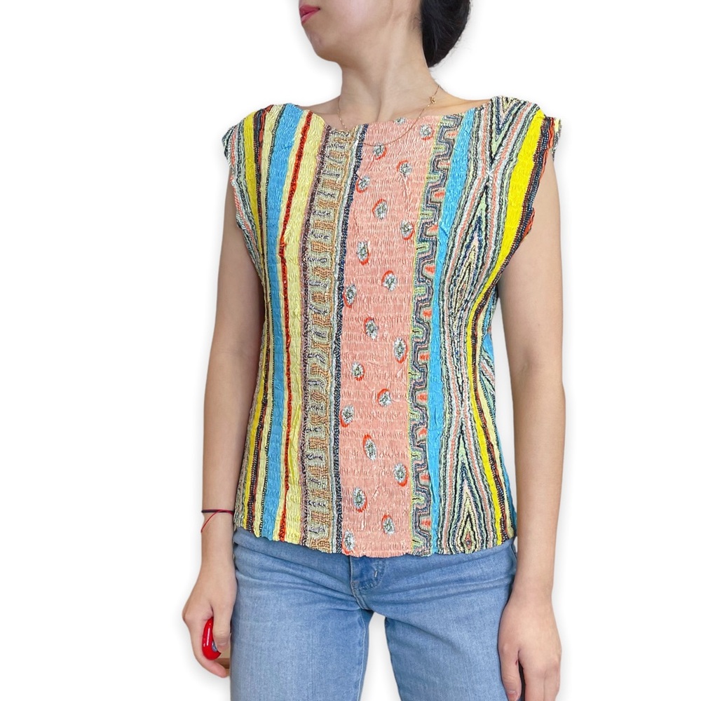 Alberto Makali Sleeveless Rainbow Striped Crinkled Sequin Embellished Blouse L